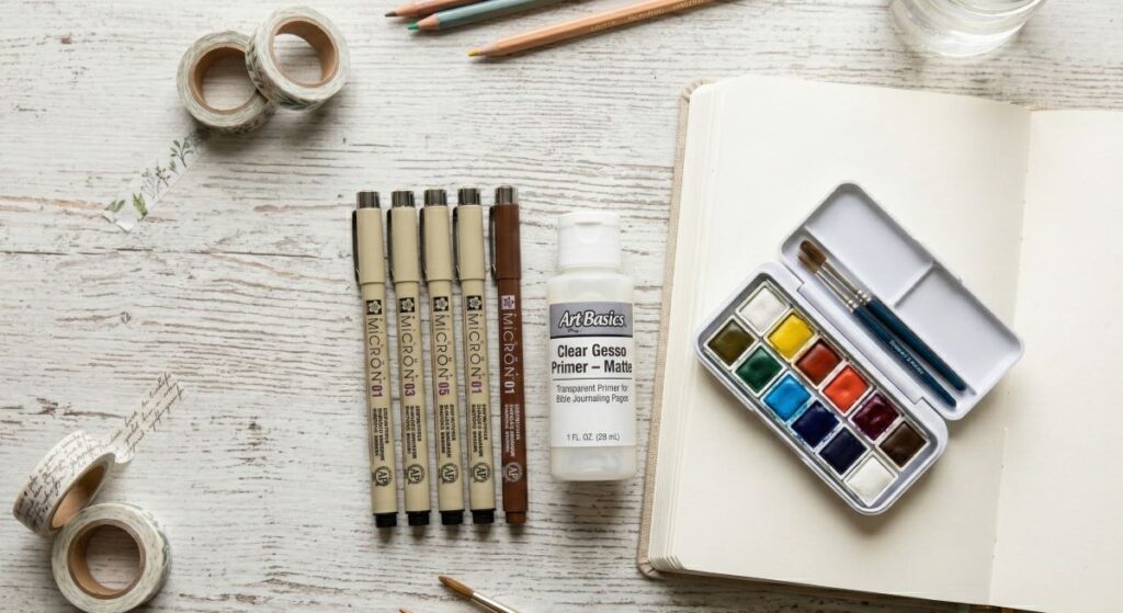 Bible journaling kit essentials including archival pens and clear gesso primer