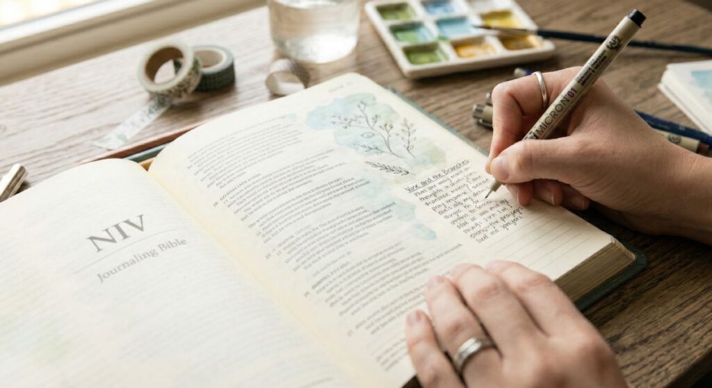 Close up of hand writing notes in wide-margin NIV Bible journal