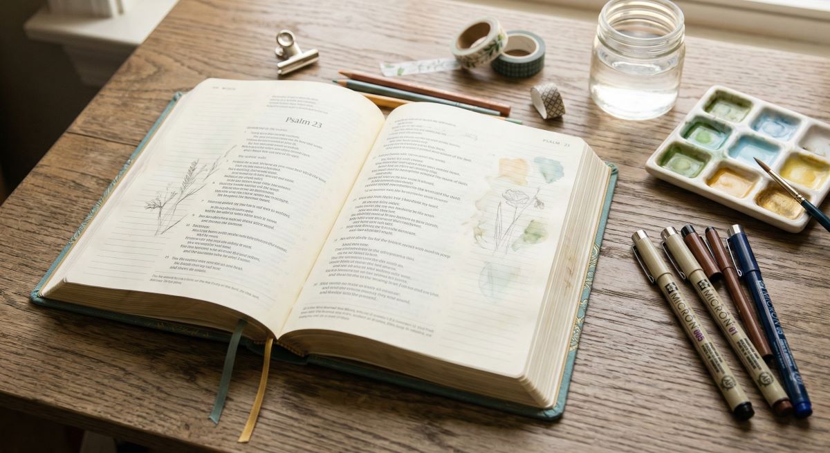 Open journaling Bible with micron pens and watercolor paints on a wooden desk