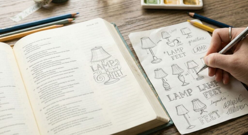 Sketching bible journal design on scrap paper before tracing into Bible