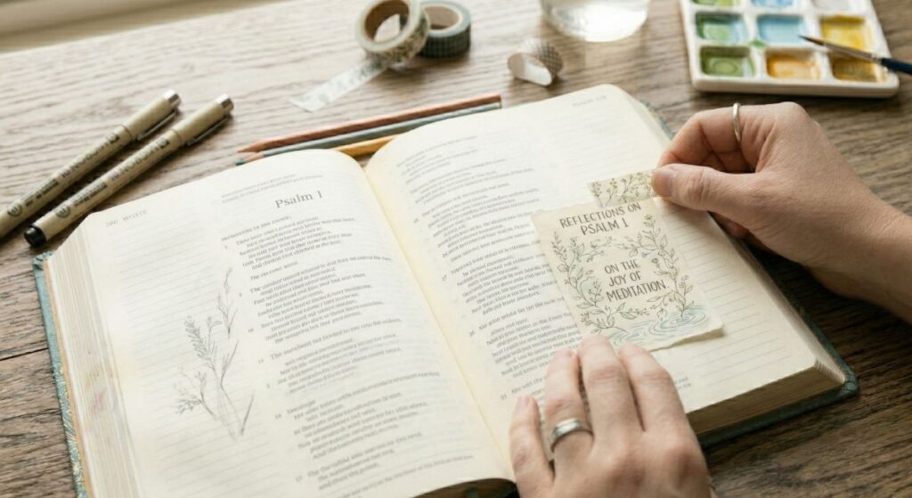 Tip-in method using washi tape to add art to bible margin