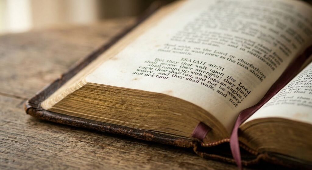 Close up of an open traditional leather bound book showing kjv bible verses about strength in hard times
