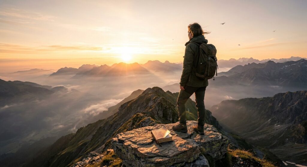 Person looking at a mountain sunrise finding bible verses about strength and courage