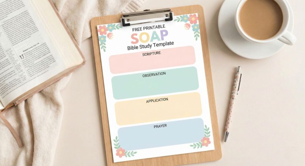 Preview of the free printable soap bible study pdf template with sections for scripture and prayer